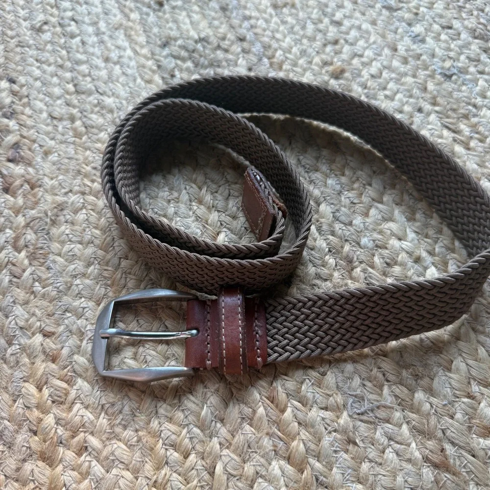 Mens Woven Braided Elastic Stretch Belt Brown Leather Trim Silver Buckle 38 95
